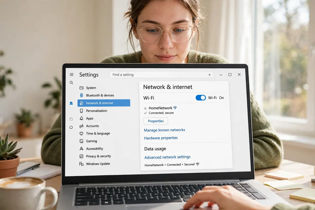 A person performing the first step: Open your connection's settings. Settings > Network & internet, then click Wi-Fi or.
