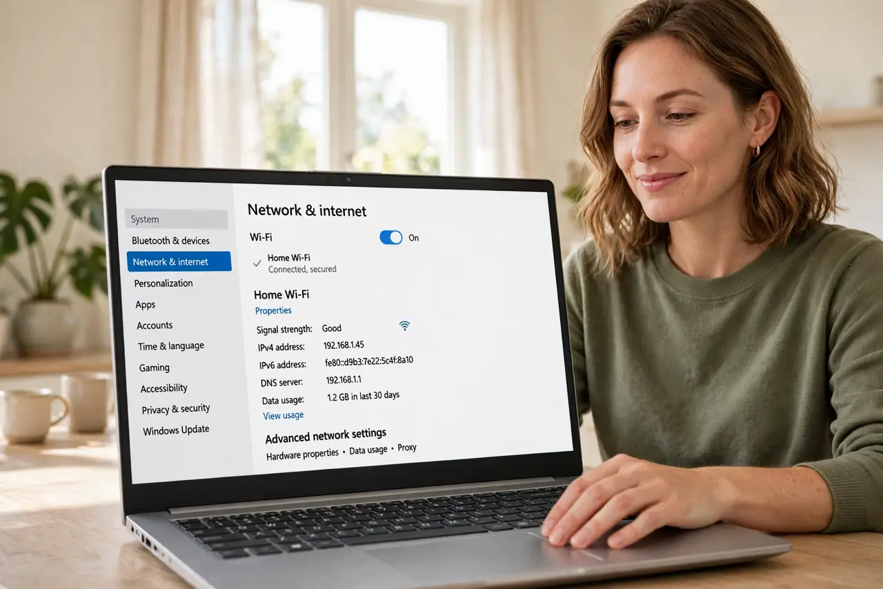 A calm person at a real Windows laptop with network settings open showing legible text on screen, a hand on the