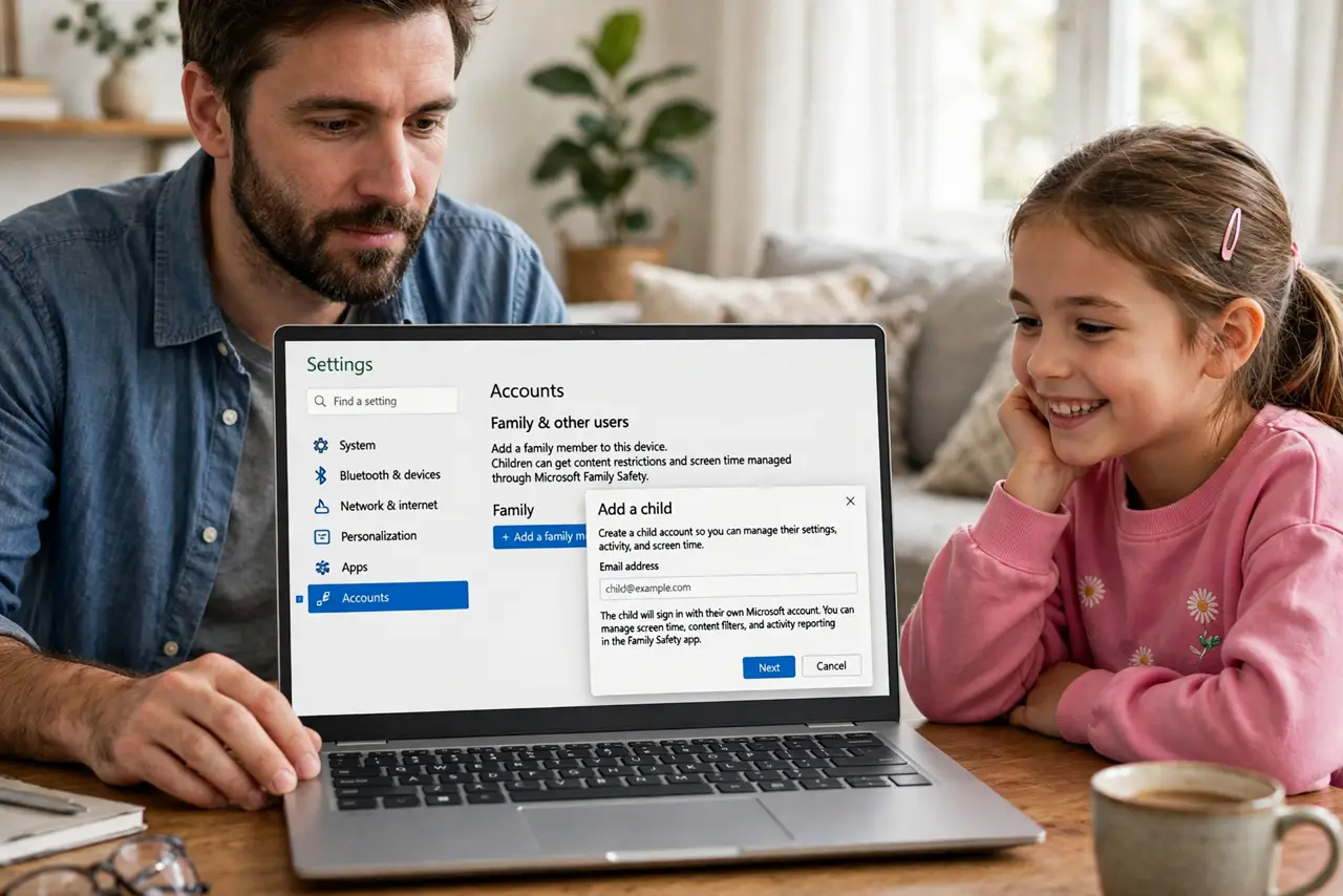 a parent creating a real child account on Windows with the family settings screen legible, child watching and smiling, the parent's face responsible, living room.