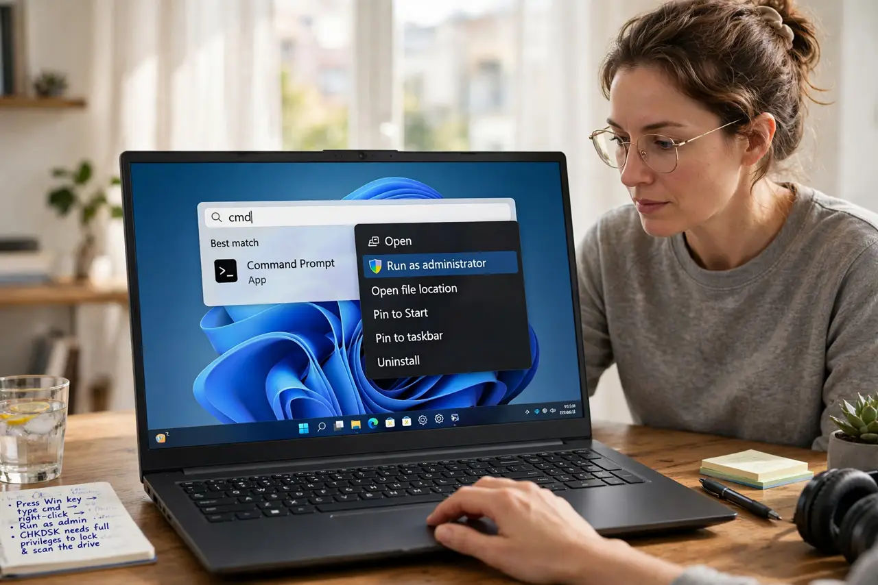 A person performing the first step of the guide: Open an administrator Command Prompt. Press the Windows key, type cmd, right-click Command Prompt, and choose.