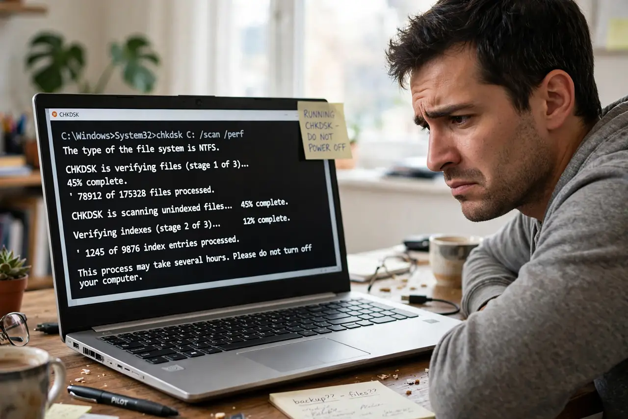 A person watching a real PC monitor showing a Command Prompt window running CHKDSK with legible scanning progress text, the person seated patiently.