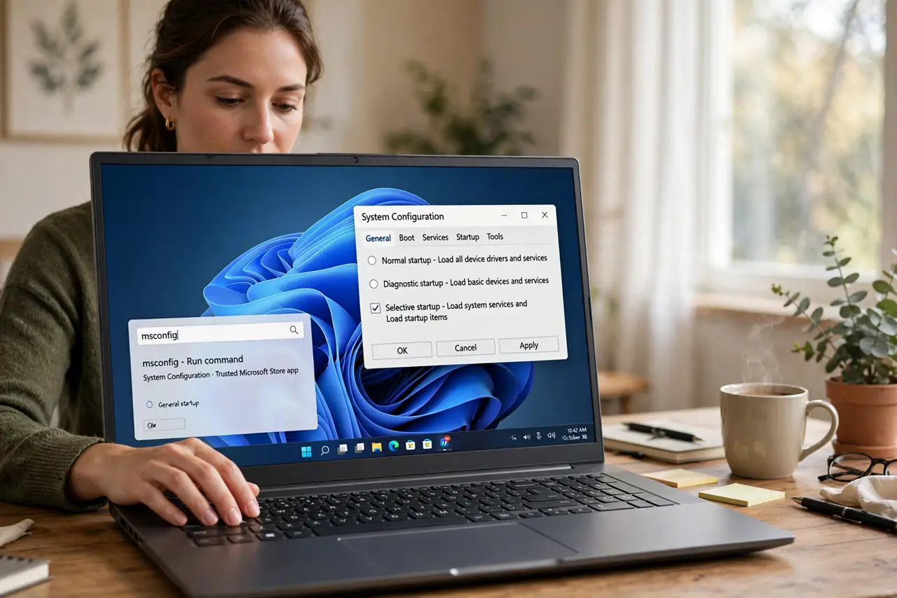 Photoreal photo of a person performing the first step: Open System Configuration. Press the Windows key, type msconfig, and open System Configurati...