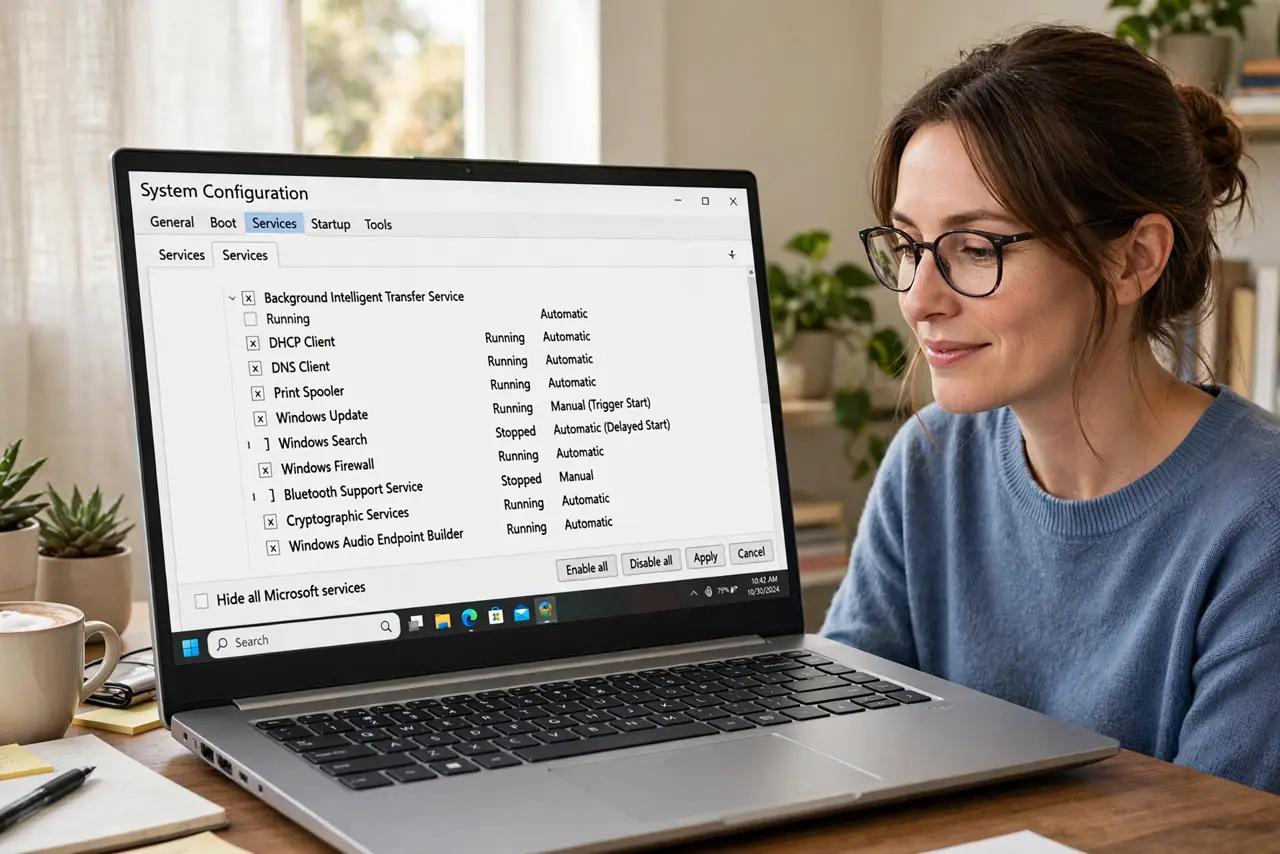 Photoreal photo: a person at a real Windows PC showing the System Configuration window with the Services tab and a legible services list, the person's face focused, home office. No black screen, no blank white scre...