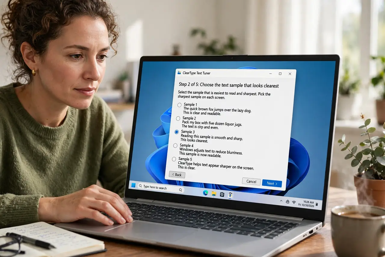 A person performing step 1 of the guide: Rerun the ClearType Text Tuner. Search for 'Adjust ClearType text' in the Start menu and step through all five sample screens. Pick the s...