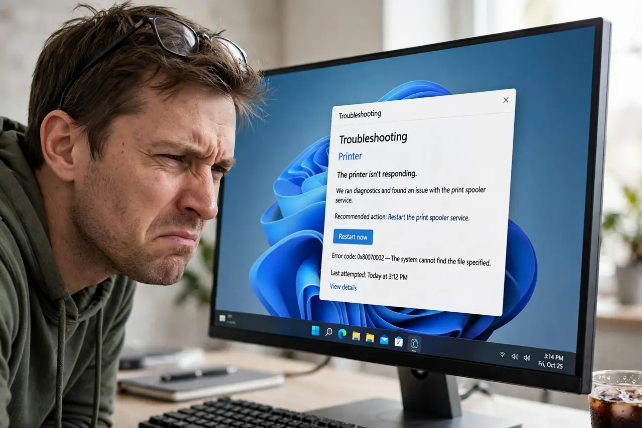 a squinting adult leaning close to a real Windows monitor showing slightly fuzzy text with legible letters, the person looking dissatisfied.