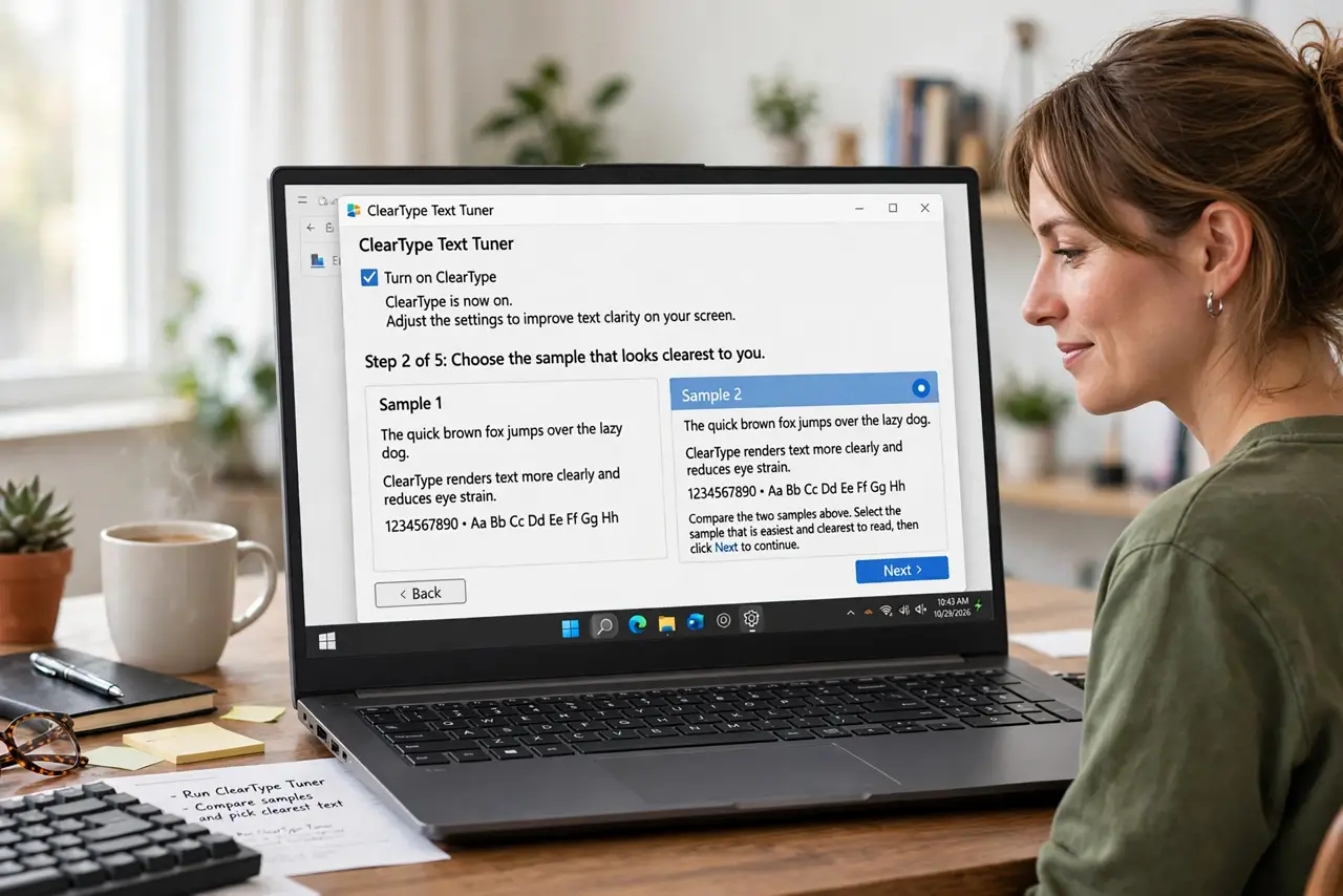 a person looking at a real Windows monitor showing crisp text next to the ClearType tuner window with legible sample text, the person's face relieved, desk.