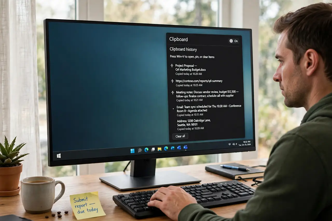 A person at a real Windows 11 PC, the monitor showing the clipboard history panel open with several copied items fully legible, the person's hand on the keyboard, face focused, home office.