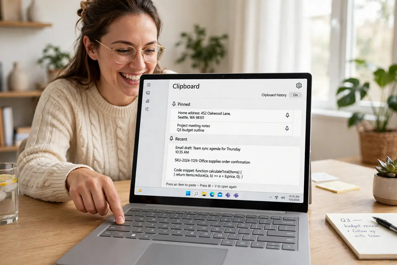 a person pressing Windows+V on a real Windows laptop showing clipboard history with pinned items at the top, the person's face delighted, bright home office. No black screen, no bl.