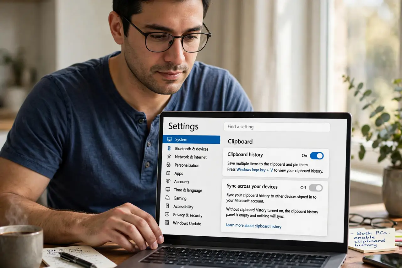 A person performing the first step of the guide: Turn on clipboard history on both PCs.