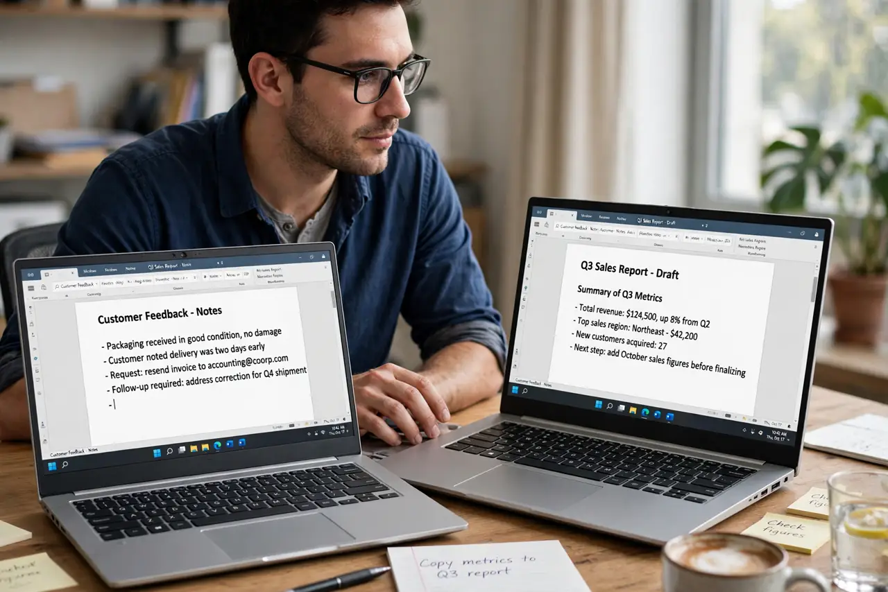a person at a desk with two real Windows laptops side by side, both showing documents with legible text, the person copying on one screen and looking toward the other, face focused and productive.