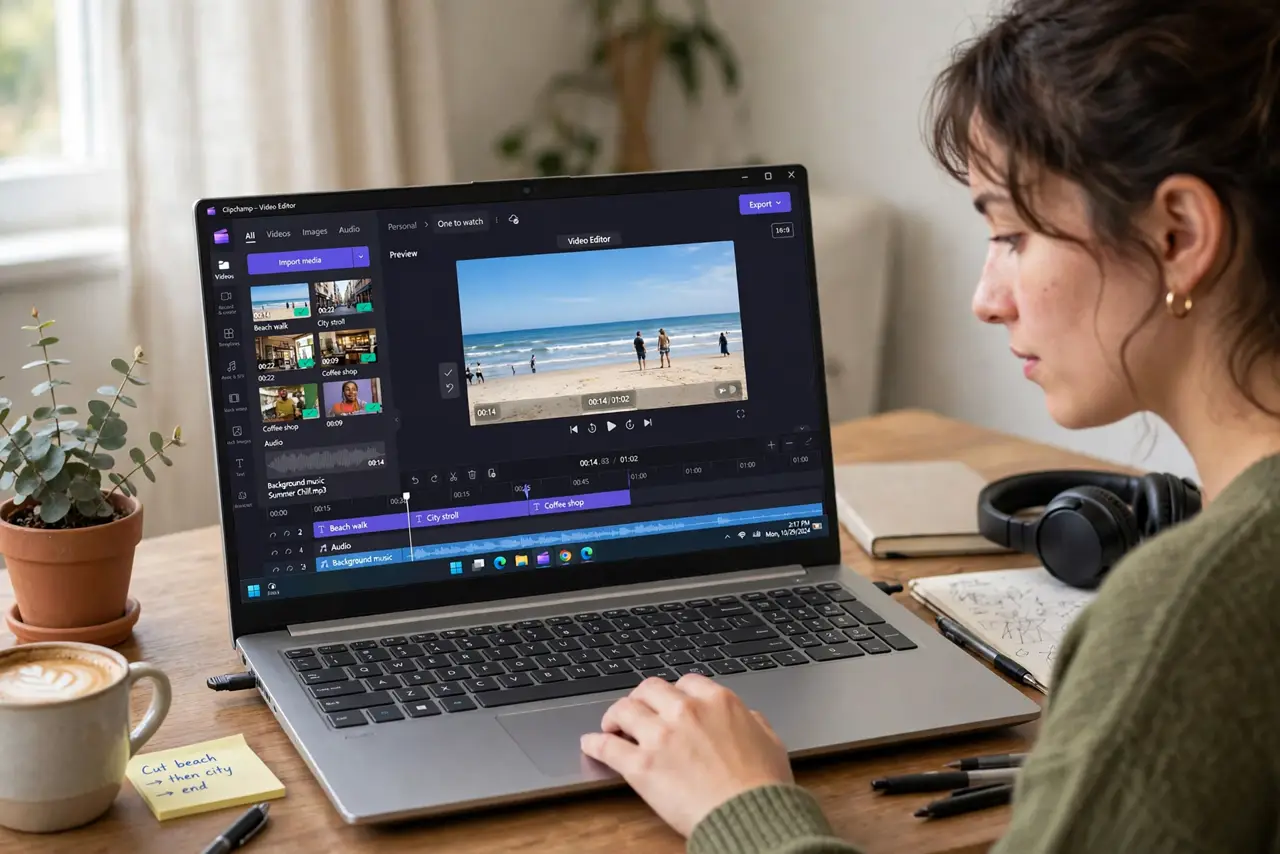 a person editing a real video timeline in Clipchamp with legible clips and preview on screen, the person's face concentrated and creative, home desk.
