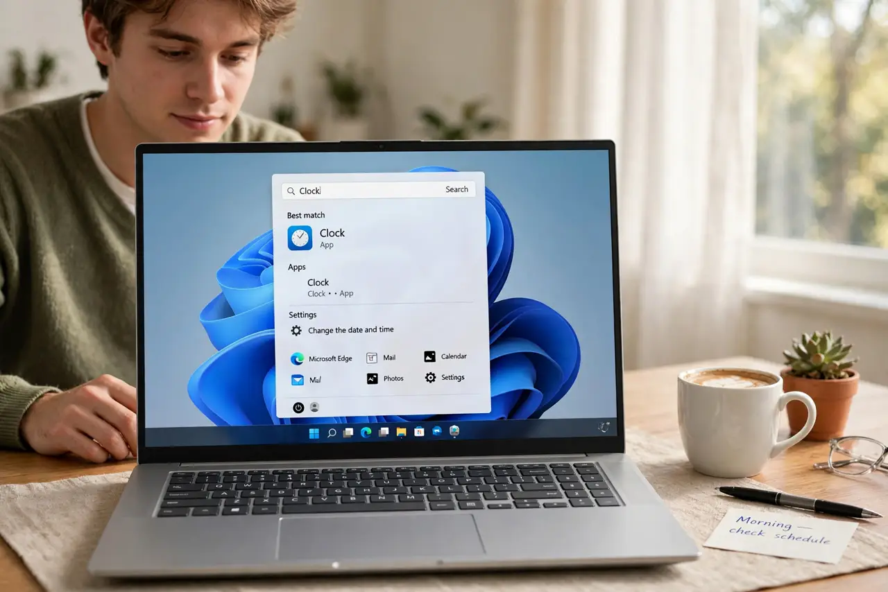 Photoreal photo of a person performing the first step: Open the Clock app. Search for 'Clock' in the Start menu and open it. The app has tabs for Alarm, World Clock, Timer, and Stopwatch — we want Alarm.