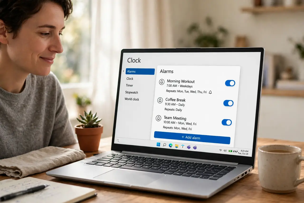 Photoreal photo: a calm person at a desk in front of a real Windows PC showing the legible Clock app with an alarm list, a coffee cup nearby, morning light, the person's face relaxed. No black screen, no blank white scre