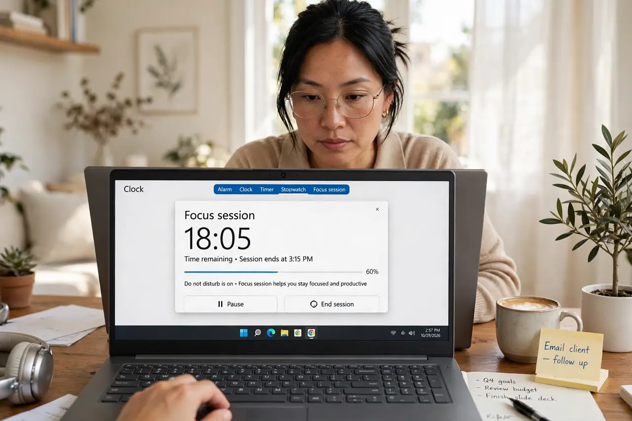 a person working at a real desk with the Windows Clock app showing a focus session timer legible on screen, the person's face concentrated, bright home office. No black screen, no .