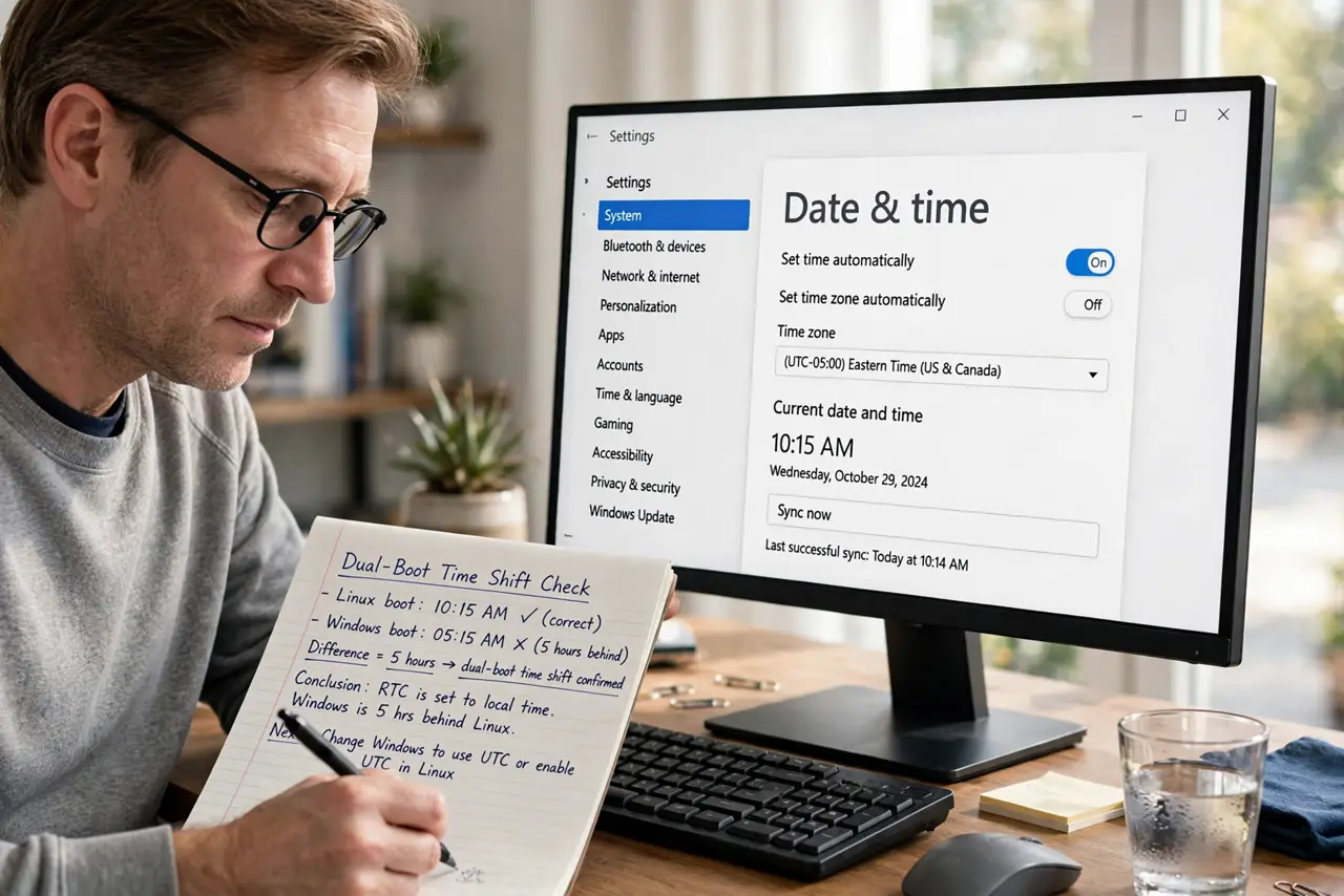 A person performing step 1 of the guide: Confirm the pattern is a dual-boot time shift. Boot into each operating system and write down what the clock shows. If the time is right ...