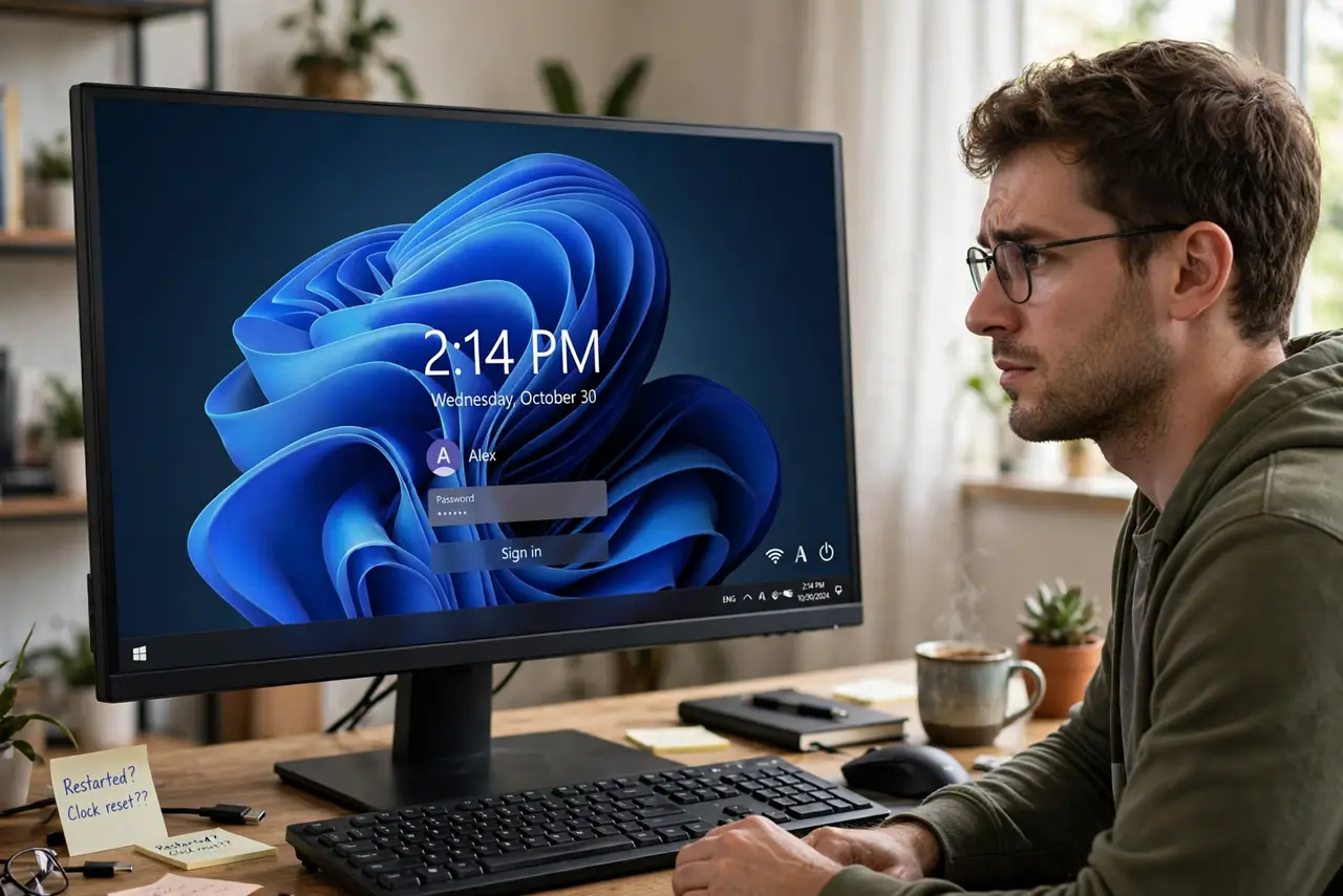 a real desktop PC at a desk with a person restarting it, the screen showing the Windows login screen with the clock visible and fully legible, the person looking at the clock with a puzzled but calm expression.