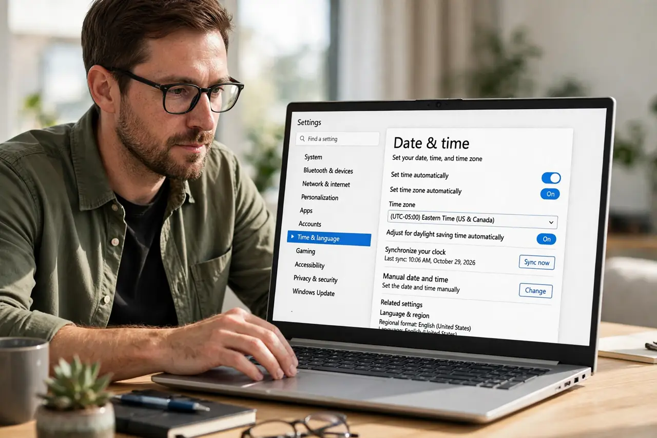 A person performing step 1 of the guide: Open the date and time settings. Go to Settings, then Time and language, then Date and time. This page holds the automatic toggles and th...