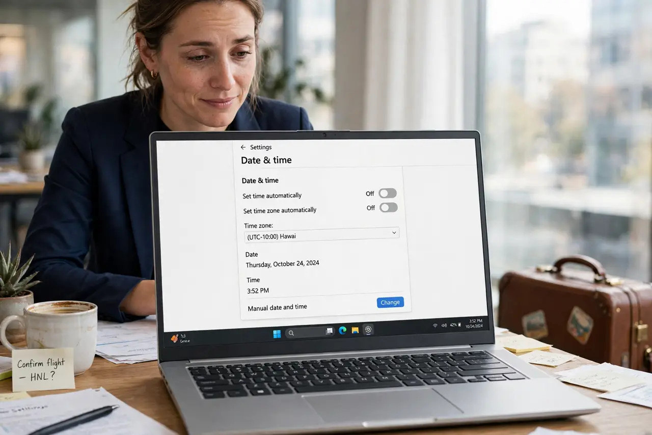 a real person at a desk with a suitcase beside them, looking at a Windows laptop showing the wrong time zone on the real screen with fully legible date and time settings, the person looking tired but amused.