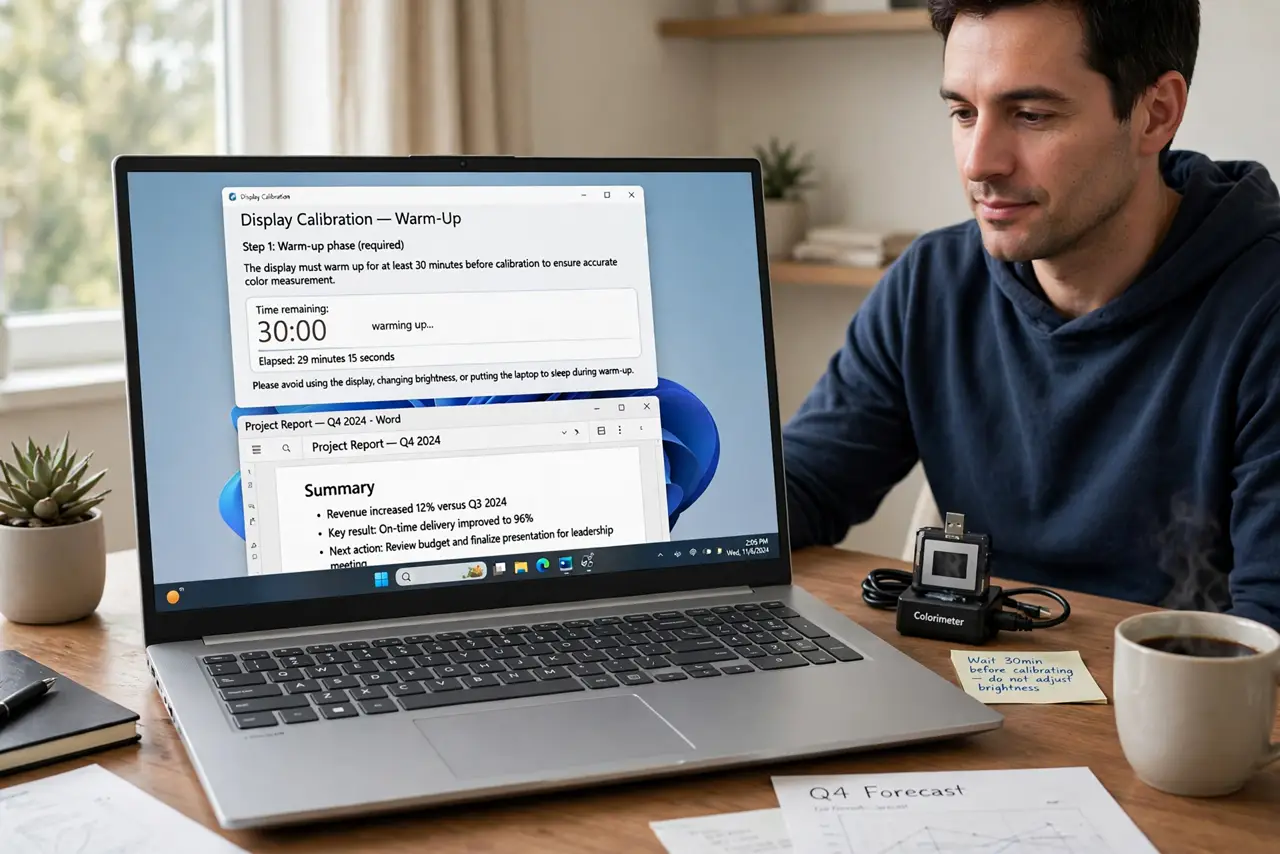 Photoreal photo of a person performing the first step: Warm up the monitor first. Let the screen run for at least 30 minutes before calibrating — colors shift as the backlight warms up. Calibrating a cold ...