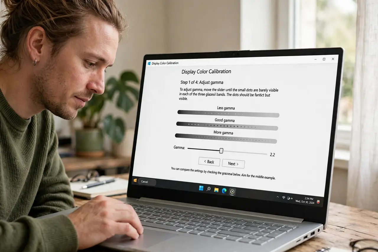 Photoreal photo: a person adjusting color settings on a real Windows screen showing a calibration wizard with legible grayscale steps, the person's face concentrated, neutral home office lighting. No black screen, no bla
