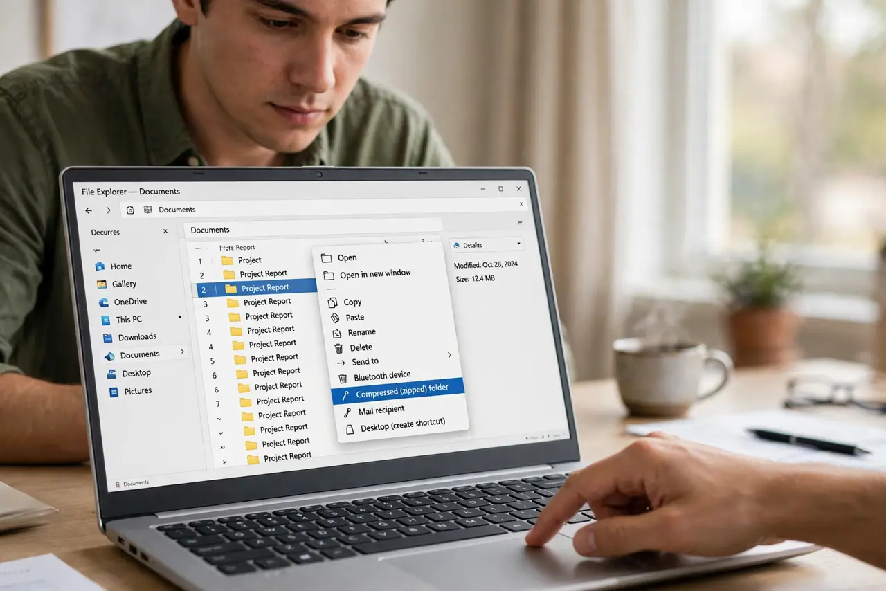 A person carrying out step one: zip a folder in two clicks.