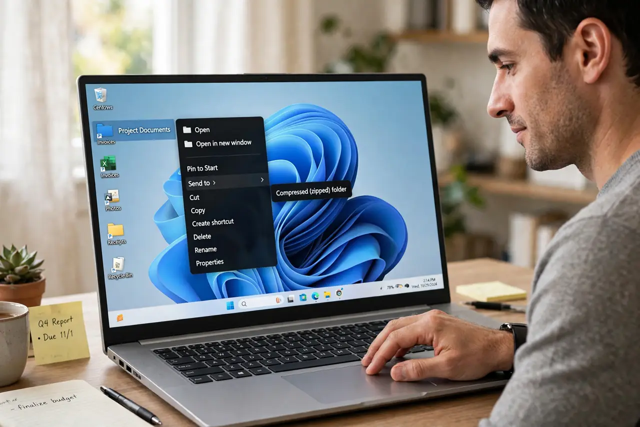 A person right-clicking a real folder on a real Windows desktop with the context menu open showing Send to Compressed folder, the screen text legible, the…