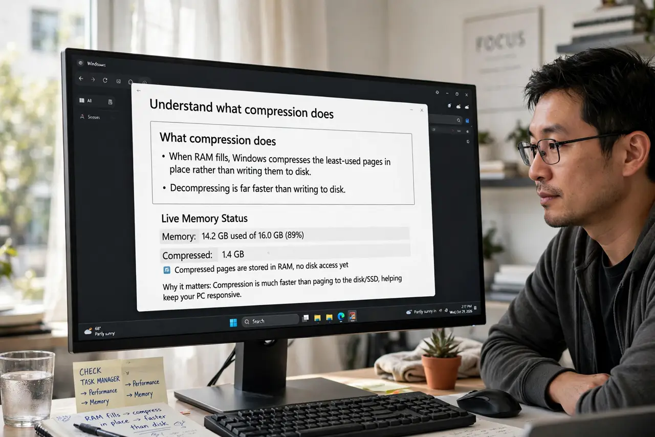 A person performing step 1: Understand what compression does. When RAM fills, Windows compresses the least-used pages in place rather than.