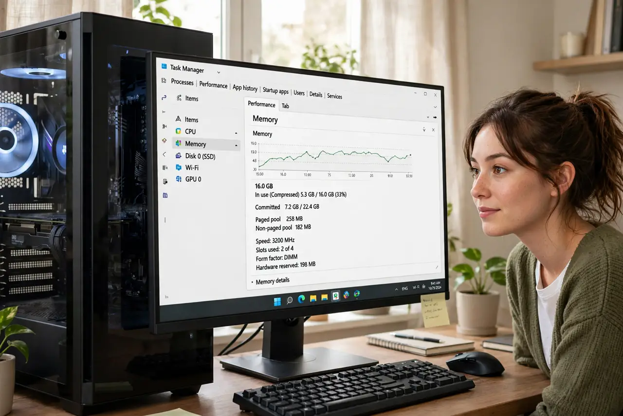 A person viewing a real Windows Task Manager performance tab with memory details legible on screen, a desktop PC beside them, the person's face curious, home office.