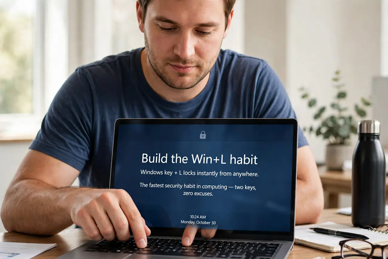 A person performing the first step of the guide: Build the Win+L habit.