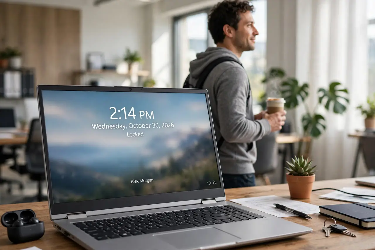 a person walking away from a real Windows PC showing the lock screen with legible time, coffee in hand, the person's face relaxed knowing it locked itself, office.
