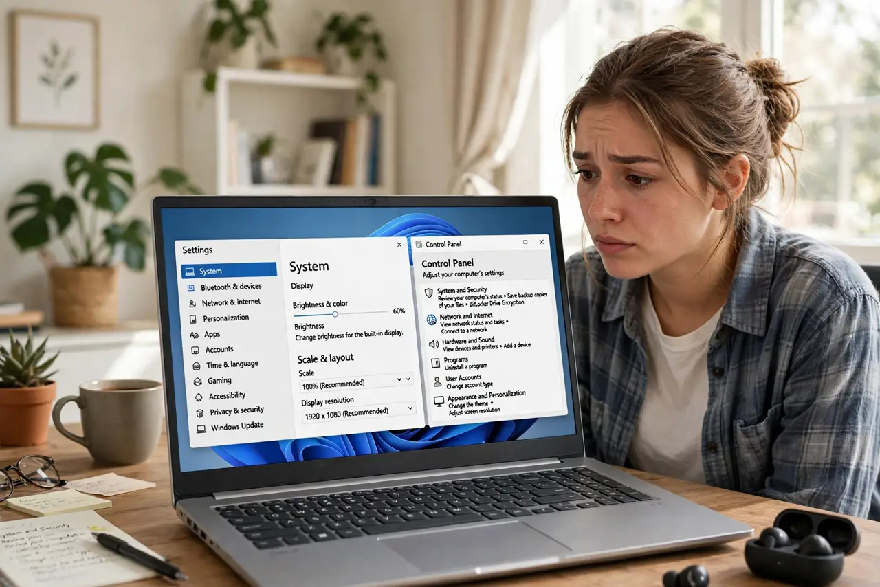 A person looking at a real Windows laptop showing the Settings app with the Control Panel window beside it, both legible, the person's face mildly puzzled,…