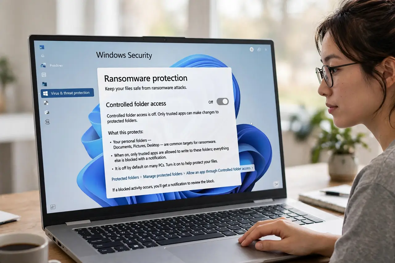 A person performing the first step of the guide: Understand what it protects. Your personal folders — Documents, Pictures, Desktop — are where ransomware.