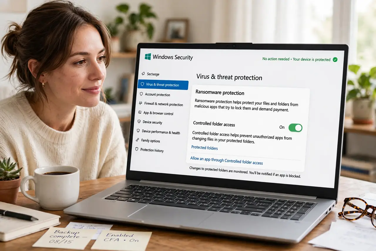 A person looking at a real Windows PC screen showing Windows Security ransomware protection settings with legible toggle text, the person's face.