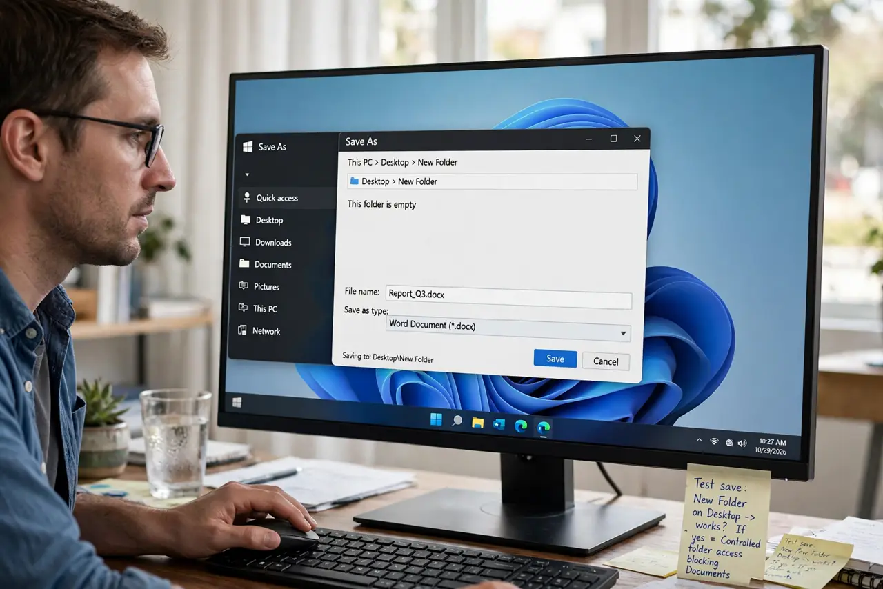A person performing step 1 of the guide: Confirm the block is the cause. Try saving to a folder outside the protected list, like a new folder on the desktop's parent drive. If th...
