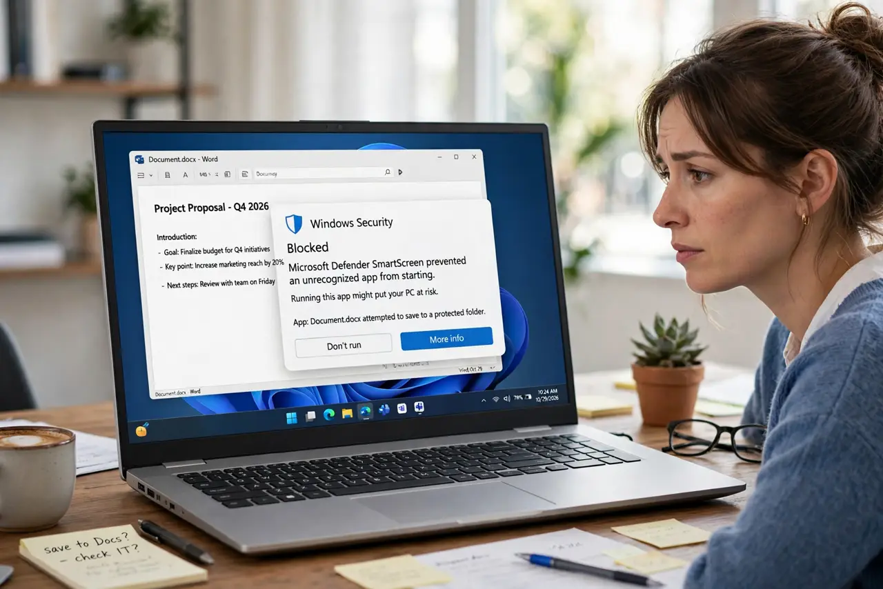 a real person at a desk trying to save a document in an app on a Windows PC, the Windows Security blocked notification visible on the real monitor with fully legible text, the person looking puzzled.