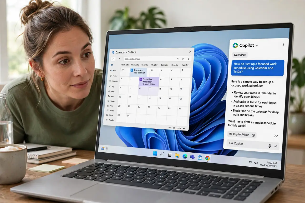 A person using the real Copilot sidebar on a real Windows PC, asking a question with legible text in the chat, the person's face curious and engaged.