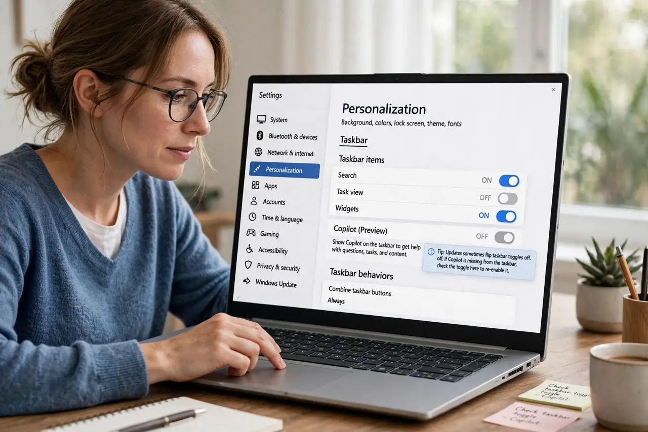 A person performing step 1 of the guide: Check the taskbar toggle. Go to Settings > Personalization > Taskbar and look for the Copilot entry. Updates sometimes flip taskbar toggl...