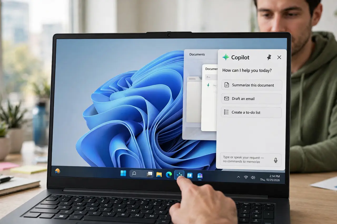 A person performing the first step of the guide: Open Copilot from the taskbar.
