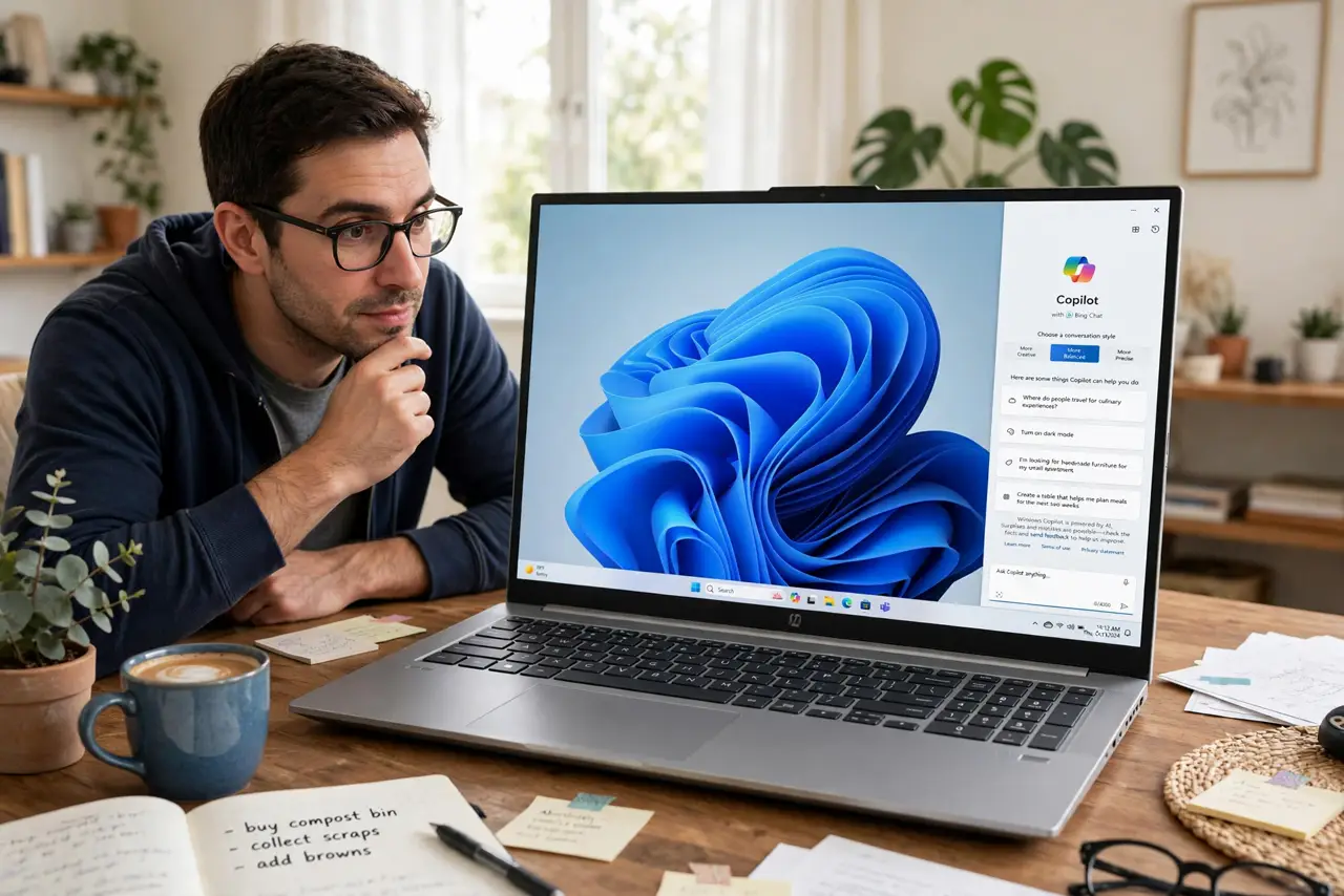 a person sitting at a real Windows PC with the Copilot side panel open showing legible chat text, the person's face curious and engaged, home office desk.
