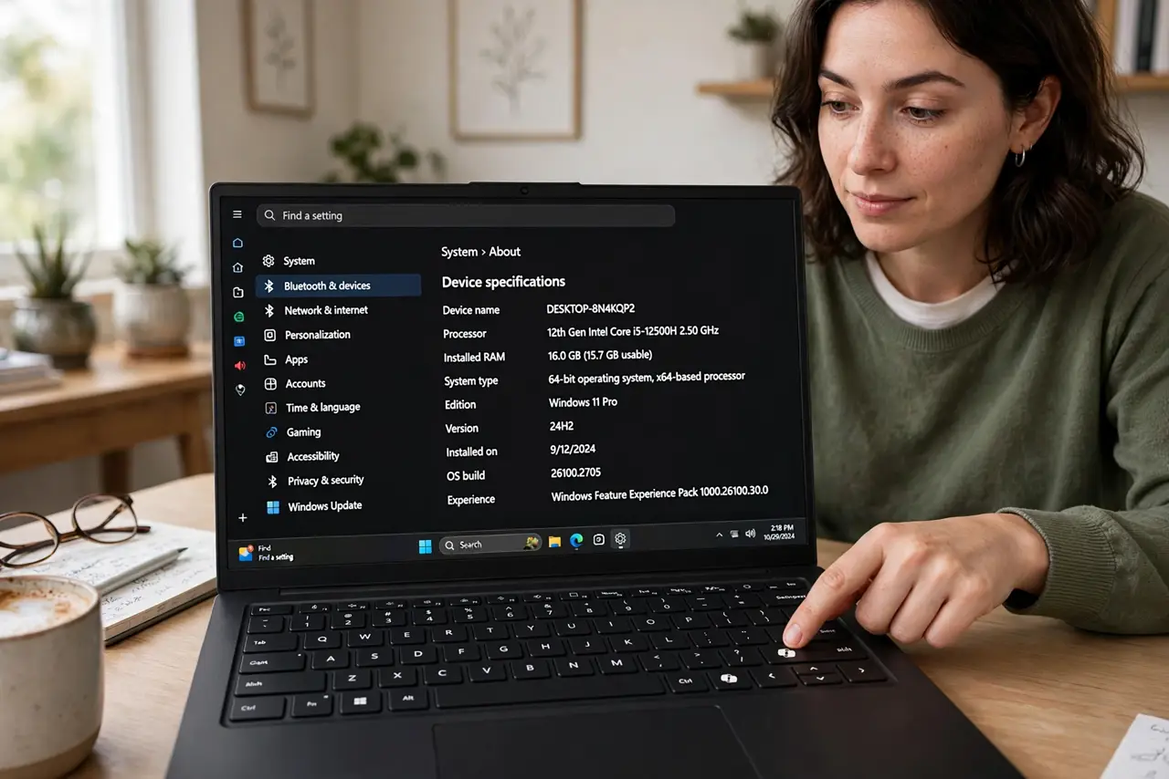 a person at a real Windows PC, a finger pressing the Copilot key on a real keyboard, the screen showing a legible settings page, the person's face curious, home office.