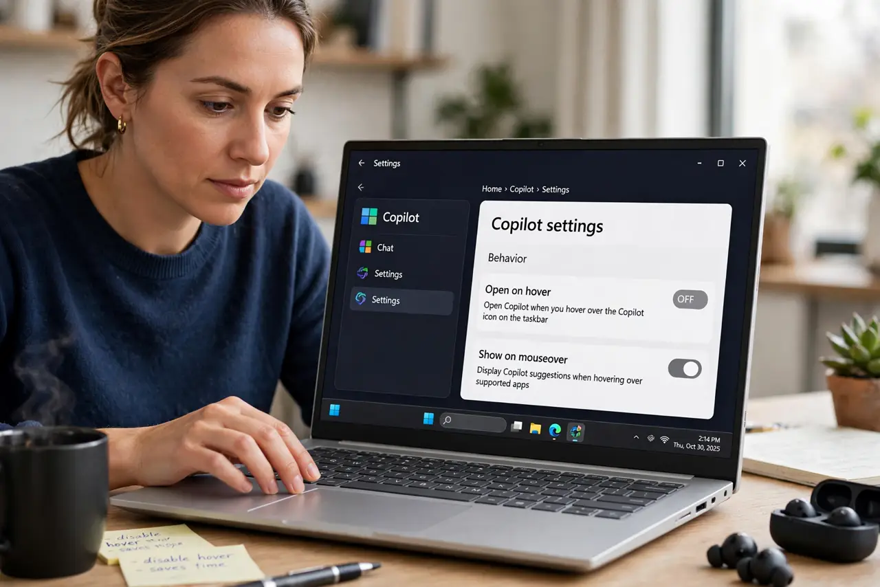 A person performing step 1 of the guide: Find the hover setting. Open Copilot, go to its settings, and look for an option like 'open on hover' or 'show on mouseover.' Disable it ...