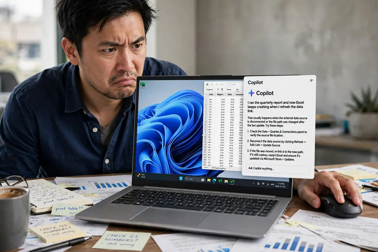 an annoyed adult at a desk with a real Windows screen showing Copilot popped open over their work with fully legible text, the person moving the mouse away.