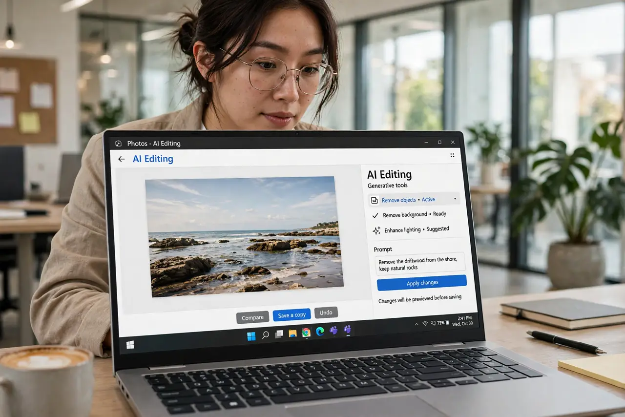 a person using a real thin Windows laptop showing an AI photo editing feature with legible interface, the person's face intrigued, bright modern office.