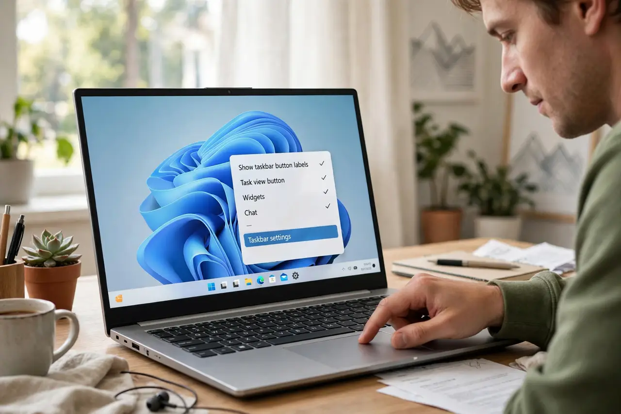 Photoreal photo of a person performing the first step: Open Taskbar settings. Right-click an empty spot on the taskbar and choose Taskbar settings....