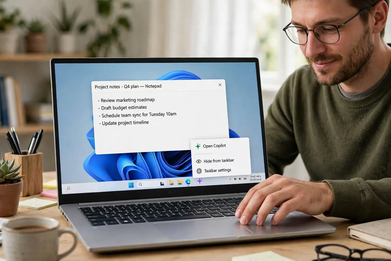Photoreal photo: a person right-clicking a real Windows taskbar showing the Copilot icon, the person's face calm and decisive, home office desk. No black screen, no blank white screen, no fake or garbled screen text.