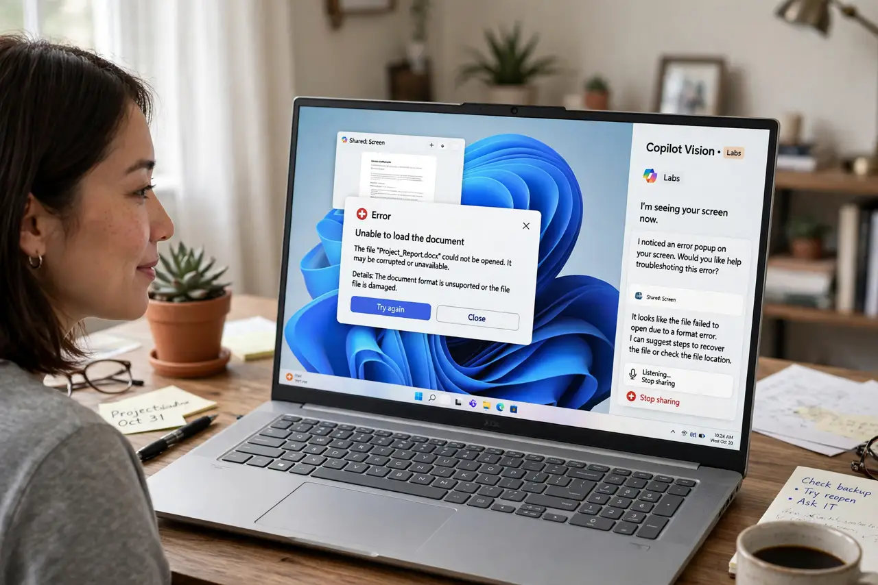 a person sharing their real Windows screen with Copilot Vision open, a legible error dialog visible on screen, the person's face hopeful, home office desk.