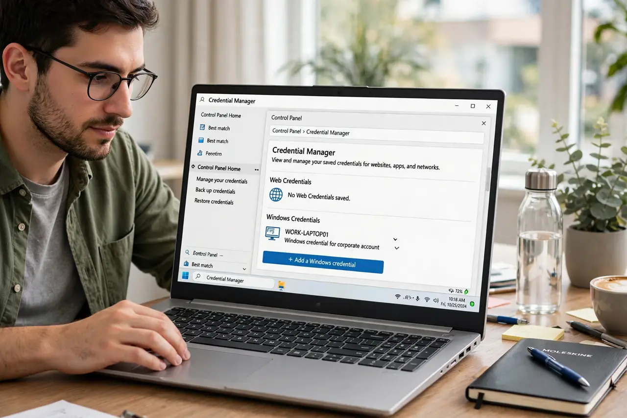 A person calmly performing the guide's first step: Open Credential Manager.