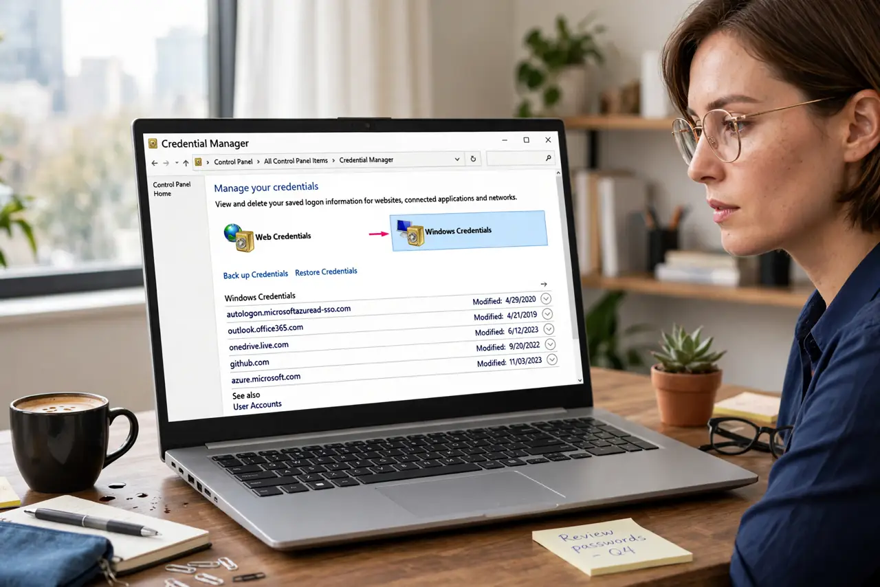 a person at a real Windows PC showing the Credential Manager window with legible entries list, the person's face focused, office desk. No black screen, no blank white screen, no fa.