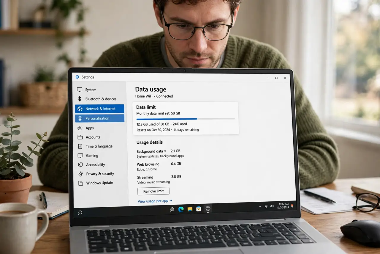 a person at a real Windows PC showing the data usage settings page with a set limit and legible numbers, the person's face focused, home office. No black screen, no blank white scr.