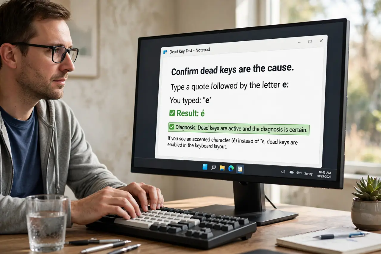 A person performing step 1 of the guide: Confirm dead keys are the cause. Type a quote followed by the letter e. If you get an accented character instead of a quote plus e, dead ...